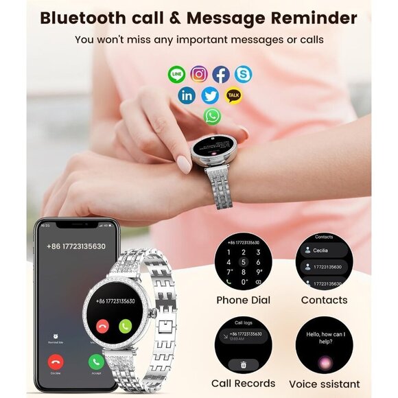 ✨ Lige Smart Watch Women Silver Compatible Android iPhone Diamond 2 Straps Watch - Picture 3 of 8